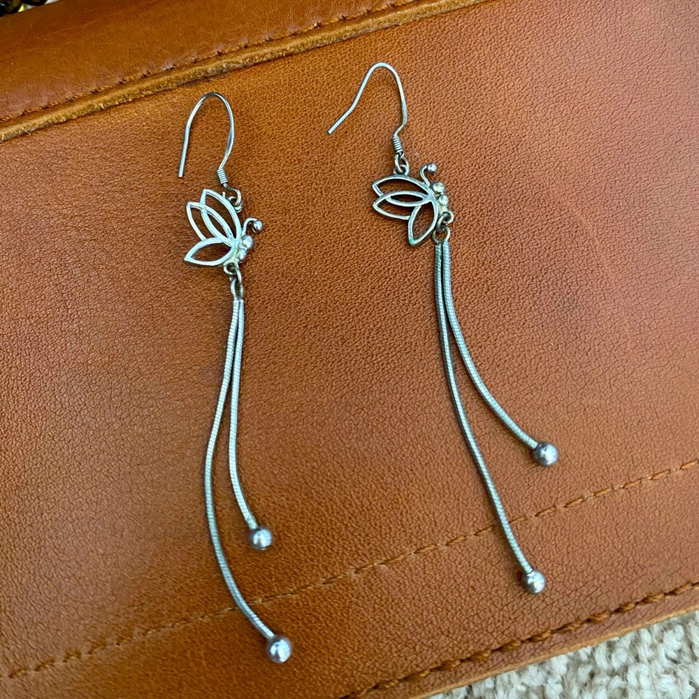 Silver Butterfly Long Earrings